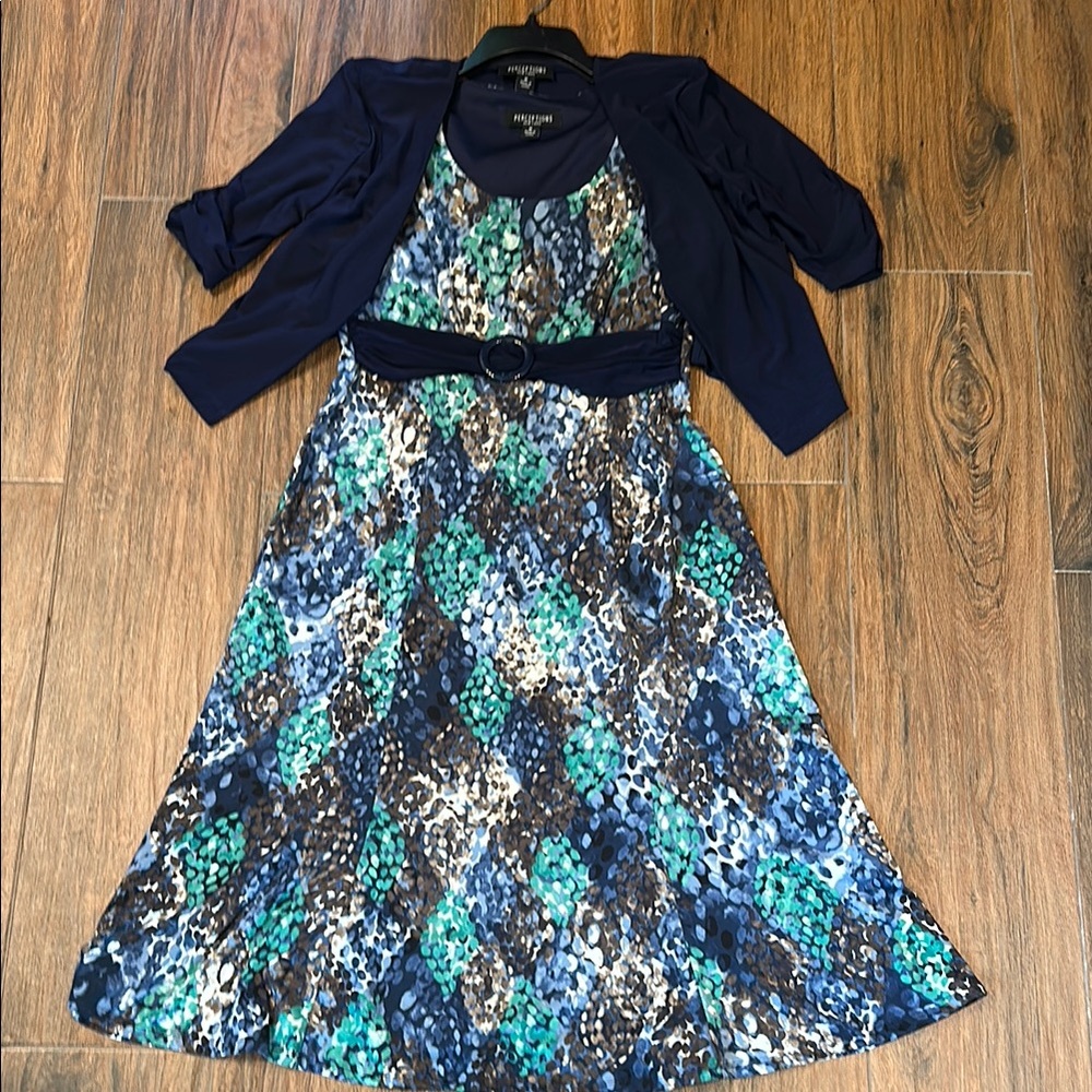 Women’s M Perceptions Multicolor Patterned Dress with Navy Cardigan